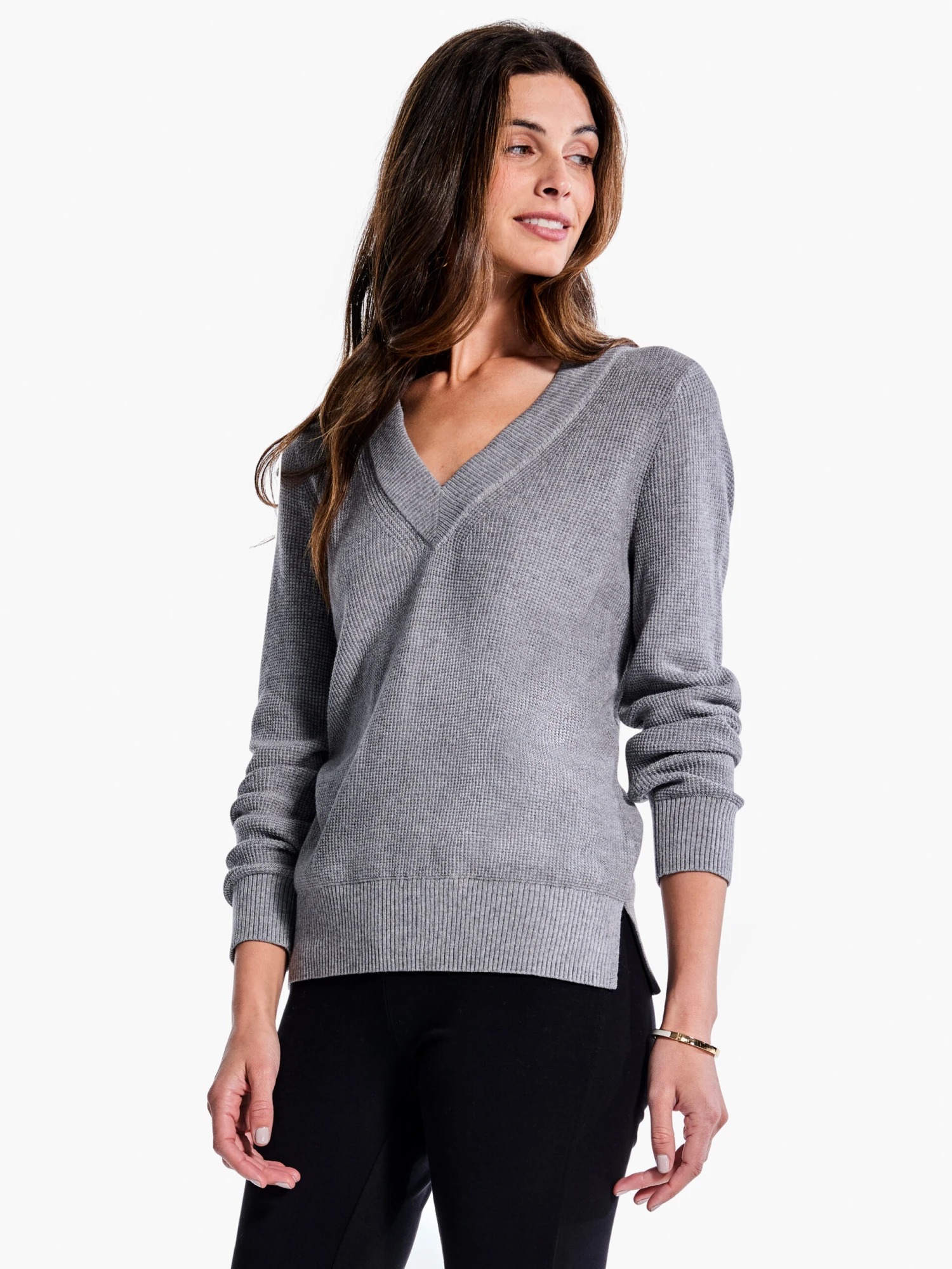 Waffle Stitch V-Neck Sweater MOONWALK 3 Waffle Stitch V-Neck Sweater MOONWALK