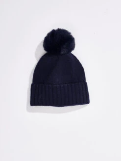 Hat Attack Cashmere Hat With Faux Fur Pom NAVY