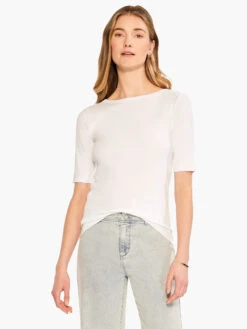 Perfect Knit Rib Elbow Sleeve Boat Neck Tee PAPER WHITE