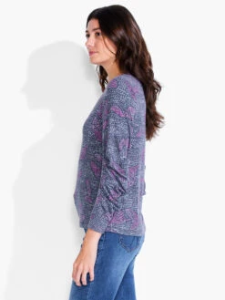 NZT Dotty Leaves Ruched Sleeve Crew Neck PINK MULTI -Apparel Sale Shop NZTF232042PKMPRODUCT 02