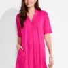 NZT Short Sleeve Notched V Dress SHOCKING PINK -Apparel Sale Shop NZTM231259SKPPRODUCT 01