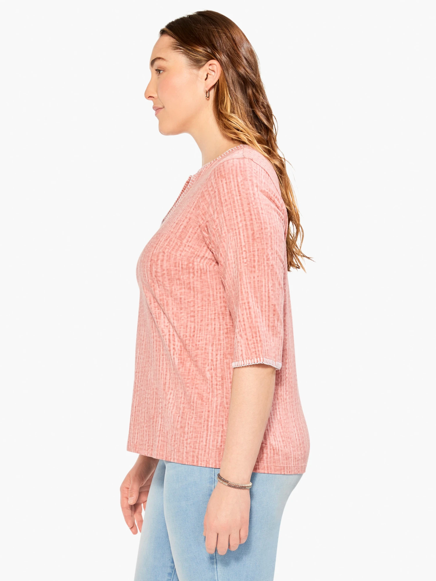 NZT 3/4 Sleeve Split Collar Stitch Top PINK MULTI 4 NZT 3/4 Sleeve Split Collar Stitch Top PINK MULTI - Image 2