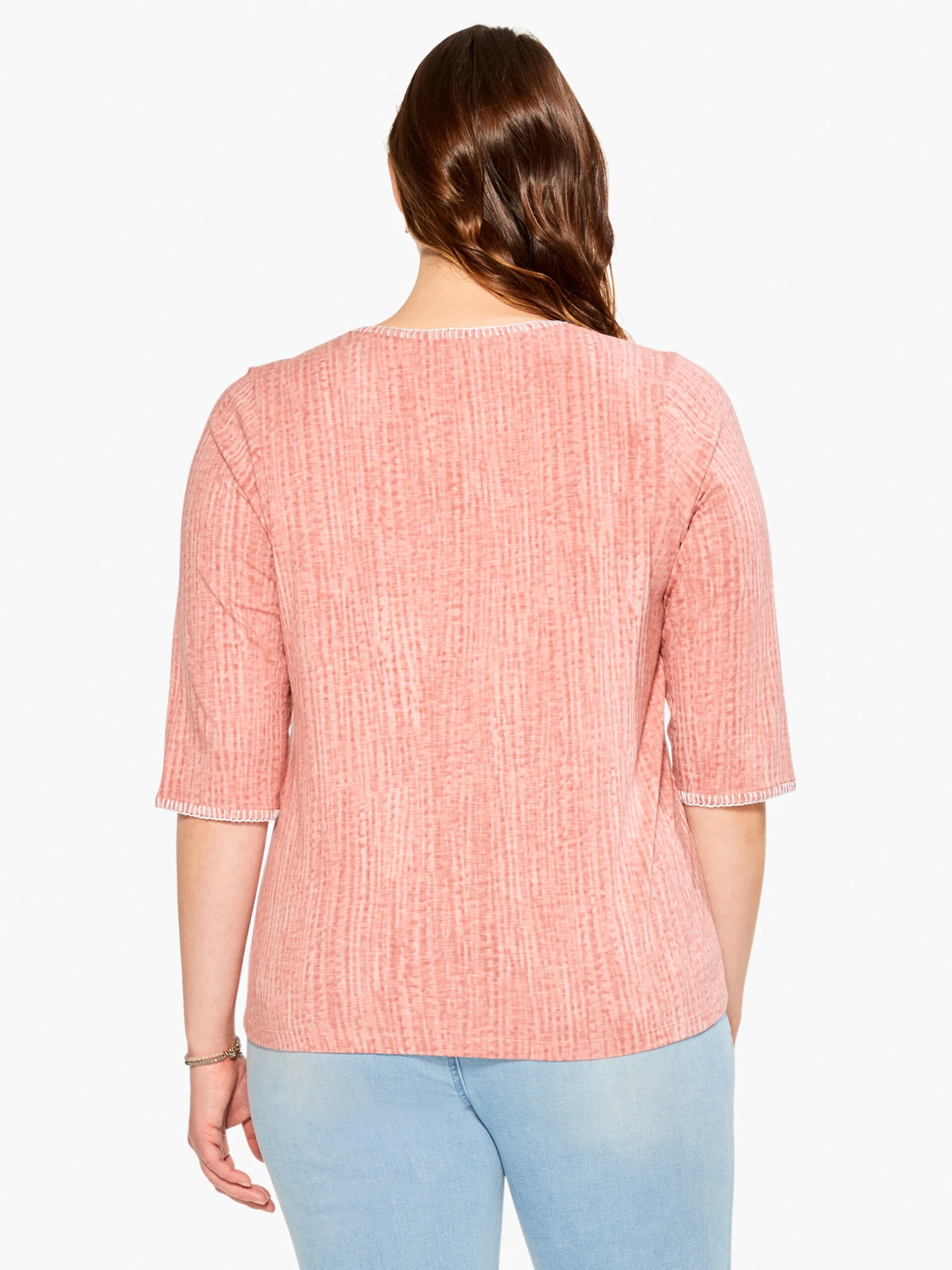 NZT 3/4 Sleeve Split Collar Stitch Top PINK MULTI 5 NZT 3/4 Sleeve Split Collar Stitch Top PINK MULTI - Image 3