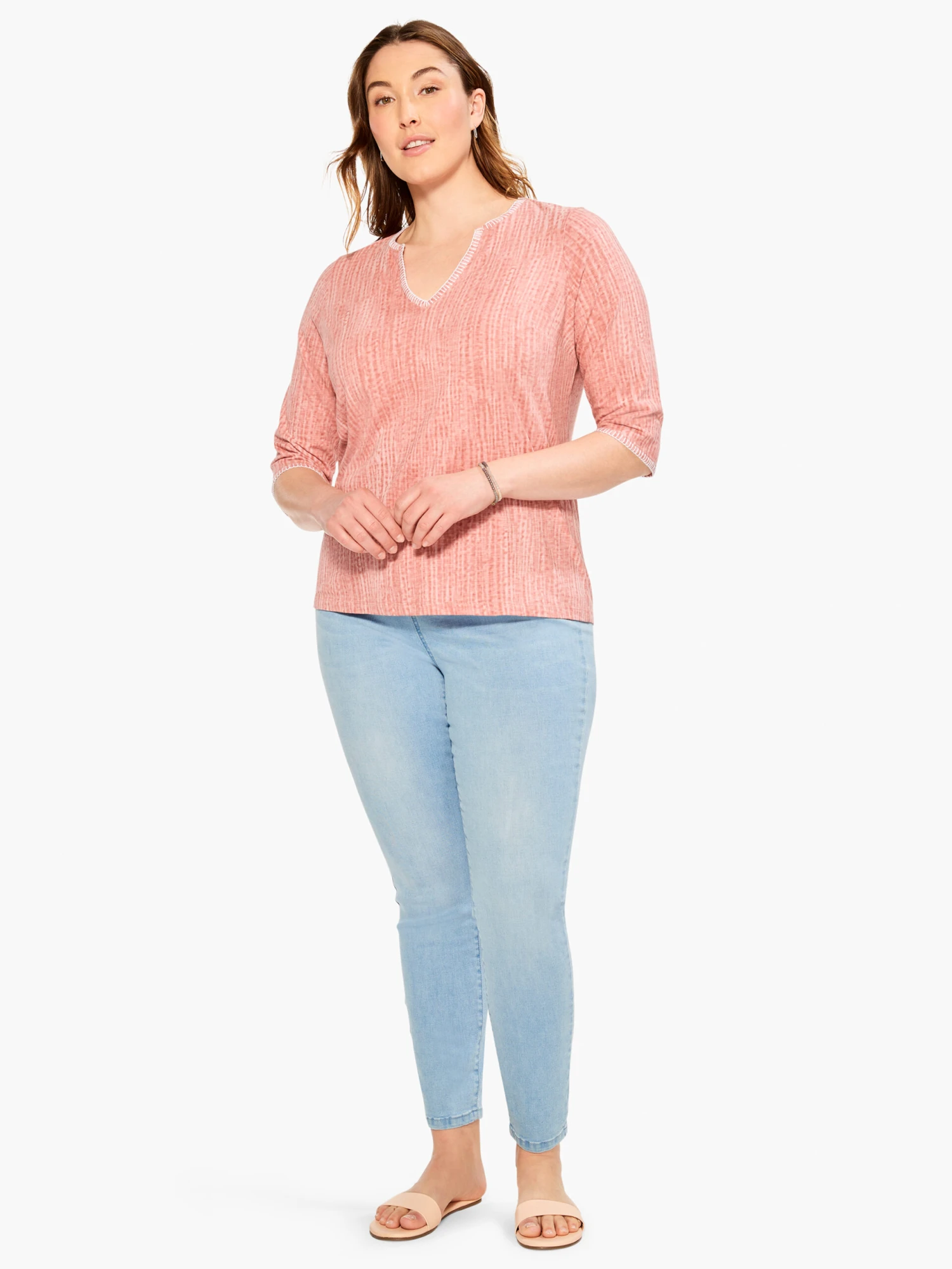 NZT 3/4 Sleeve Split Collar Stitch Top PINK MULTI 6 NZT 3/4 Sleeve Split Collar Stitch Top PINK MULTI - Image 4