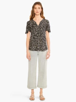 NZT Sketched Leaves Flutter Sleeve Split Neck Tee BLACK MULTI -Apparel Sale Shop NZTM232031BLMPRODUCT 04