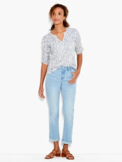 NZT Ikat Ruched Elbow Sleeve Split Neck BLUE MULTI -Apparel Sale Shop NZTS231023BLTPRODUCT 04